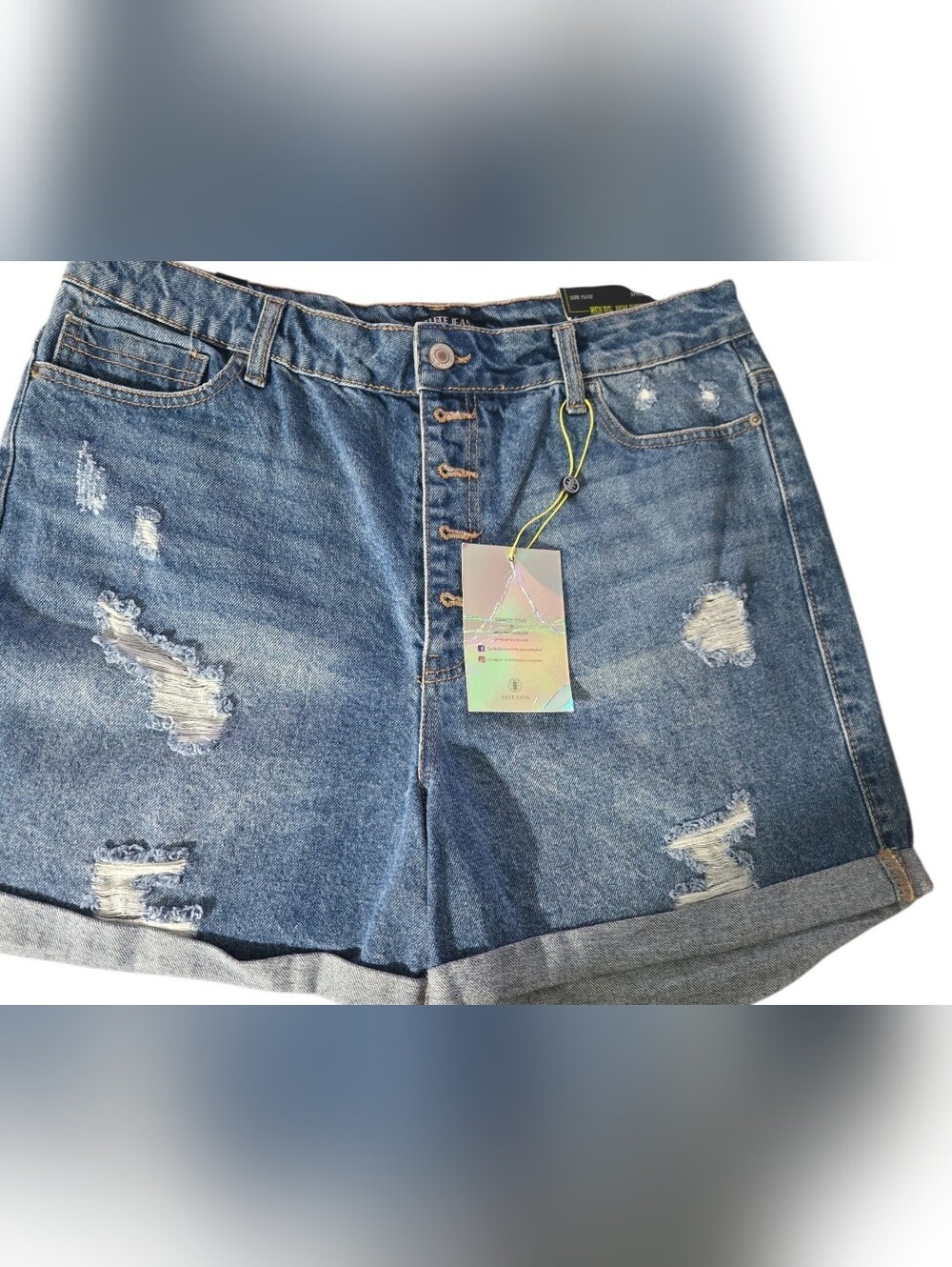 Distressed High-Rise Blue Denim Shorts with Cuffed Hem Size 15/32